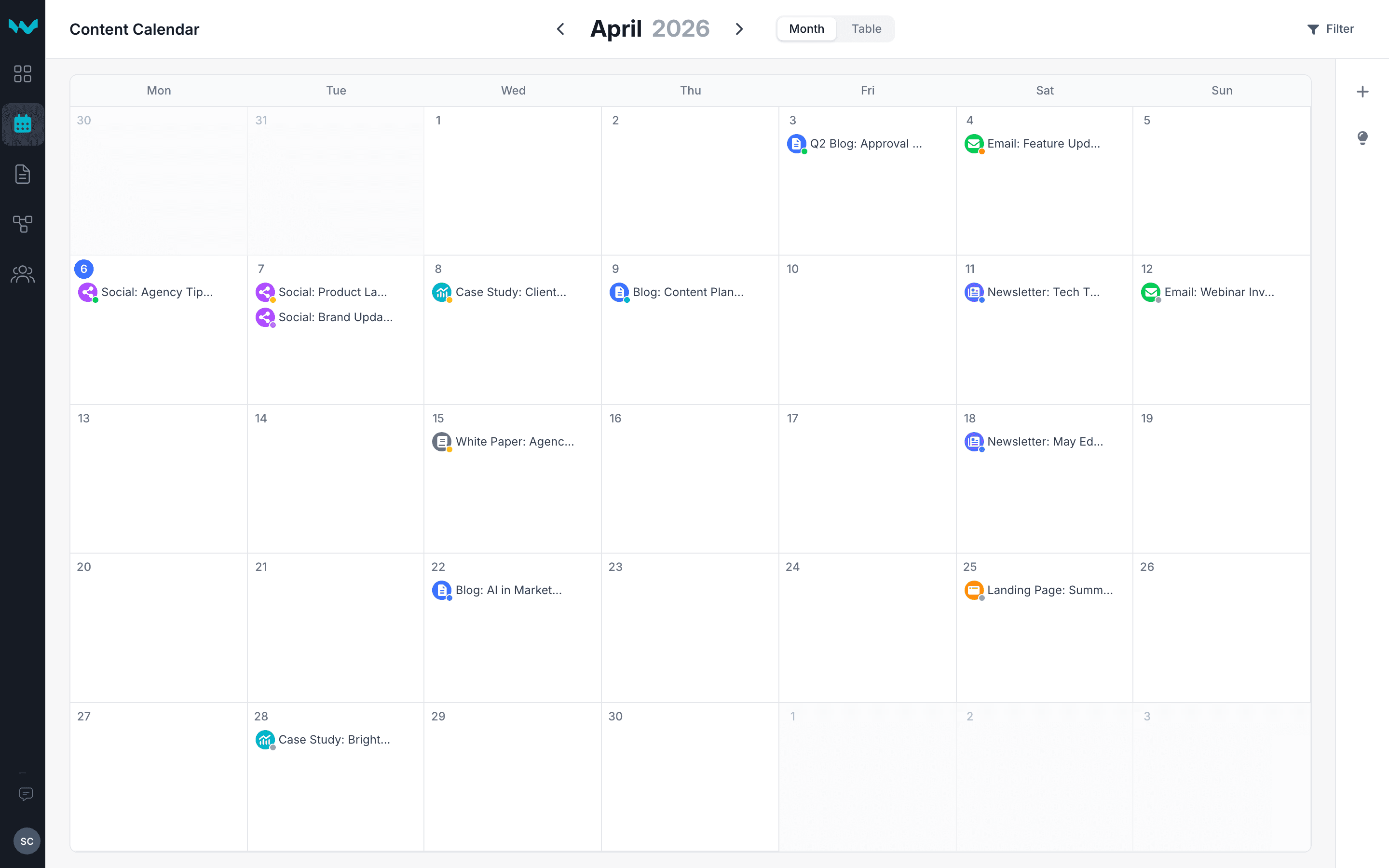 Writerflow content calendar with scheduled content across multiple clients