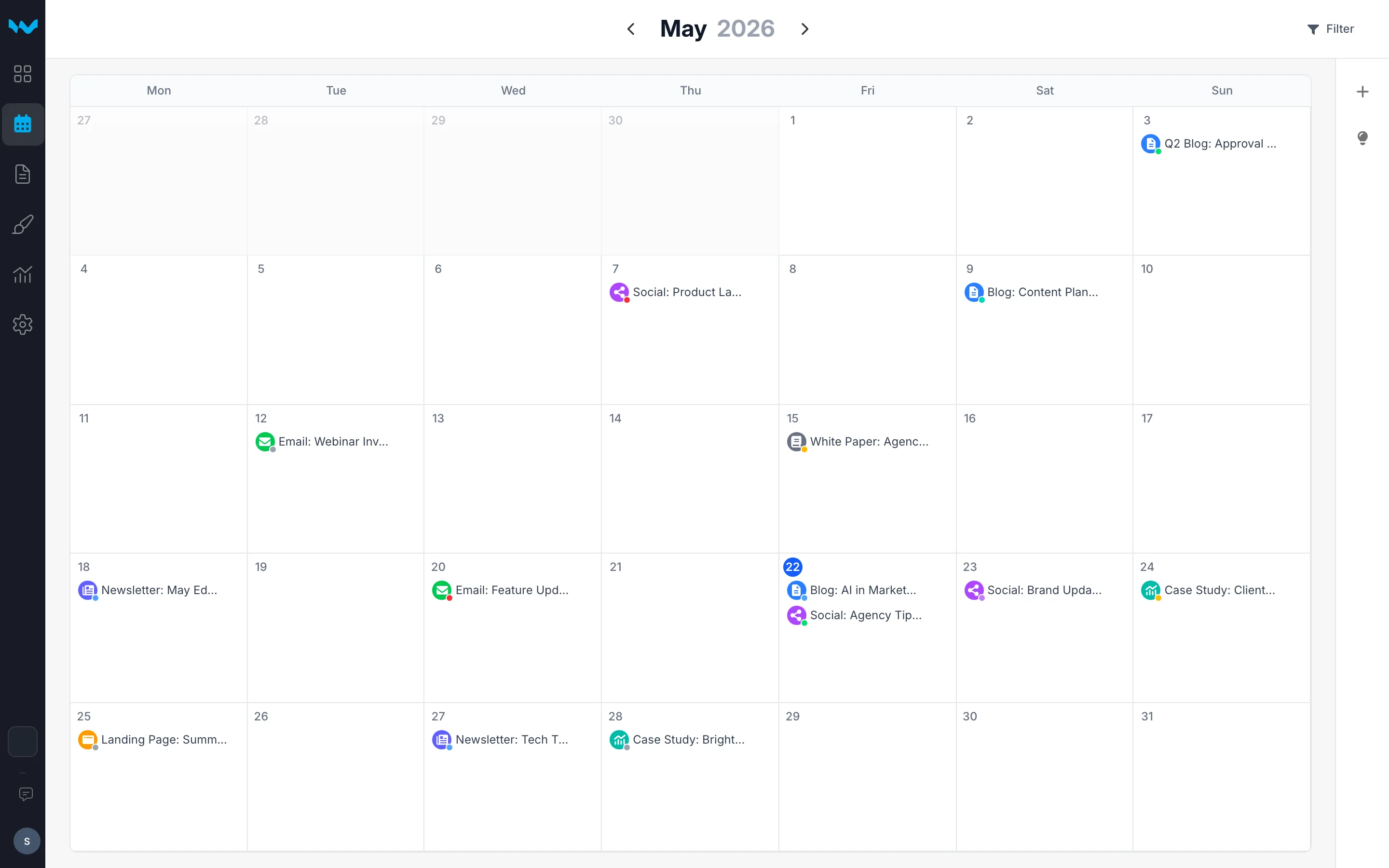Writerflow content calendar showing scheduled content across a month, color-coded by type and status