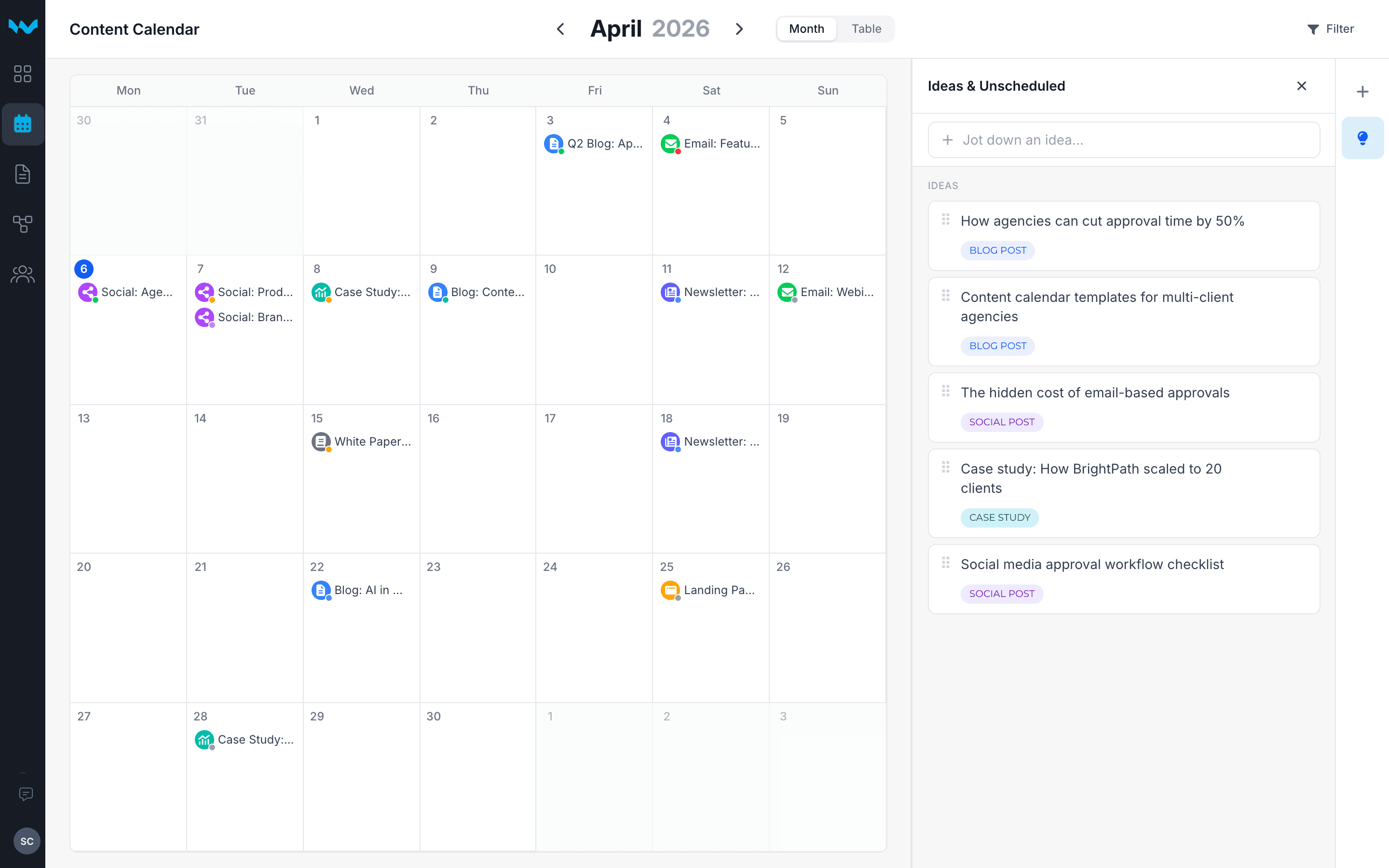 Writerflow content calendar with ideas backlog panel open