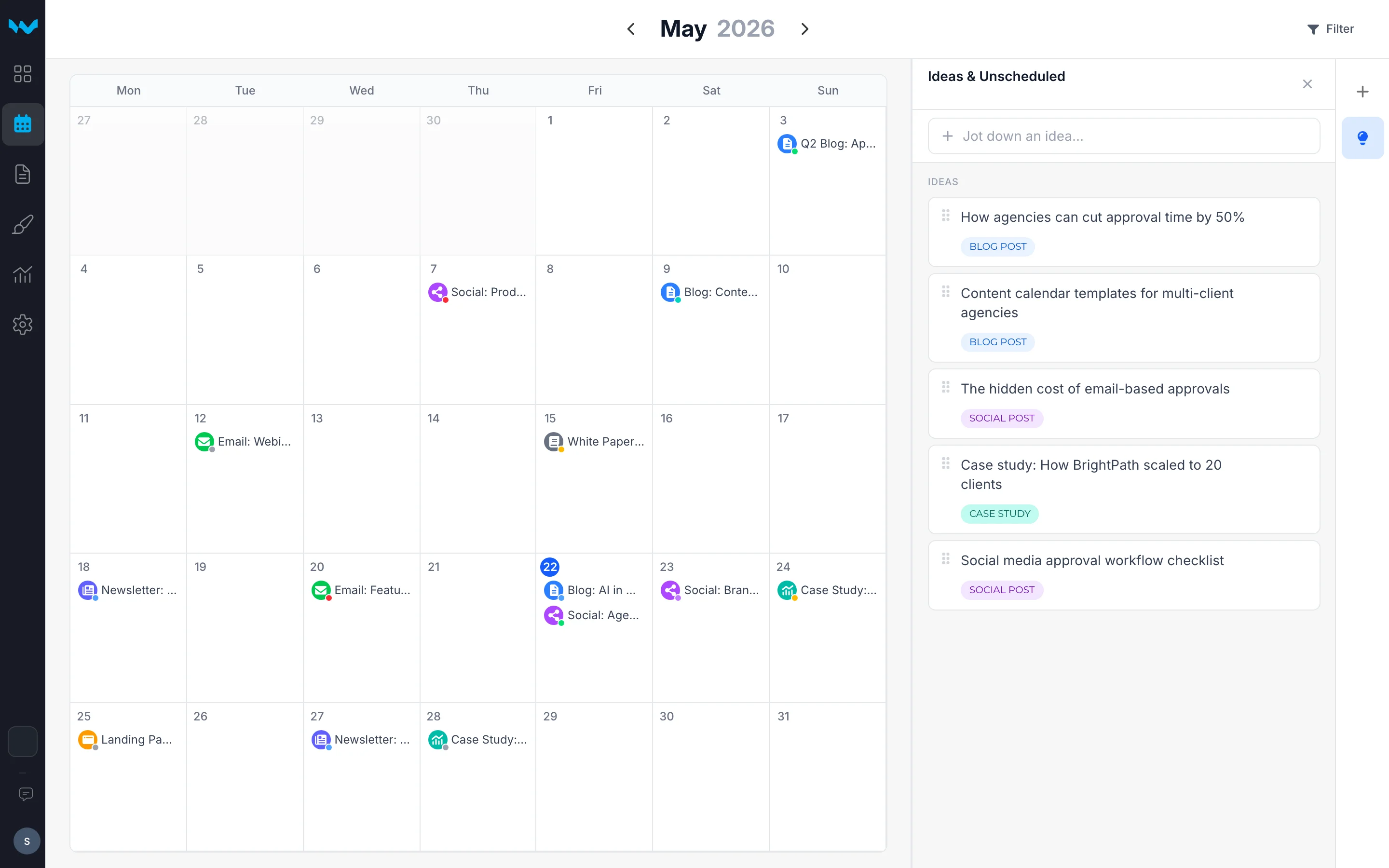 Writerflow content calendar with ideas backlog