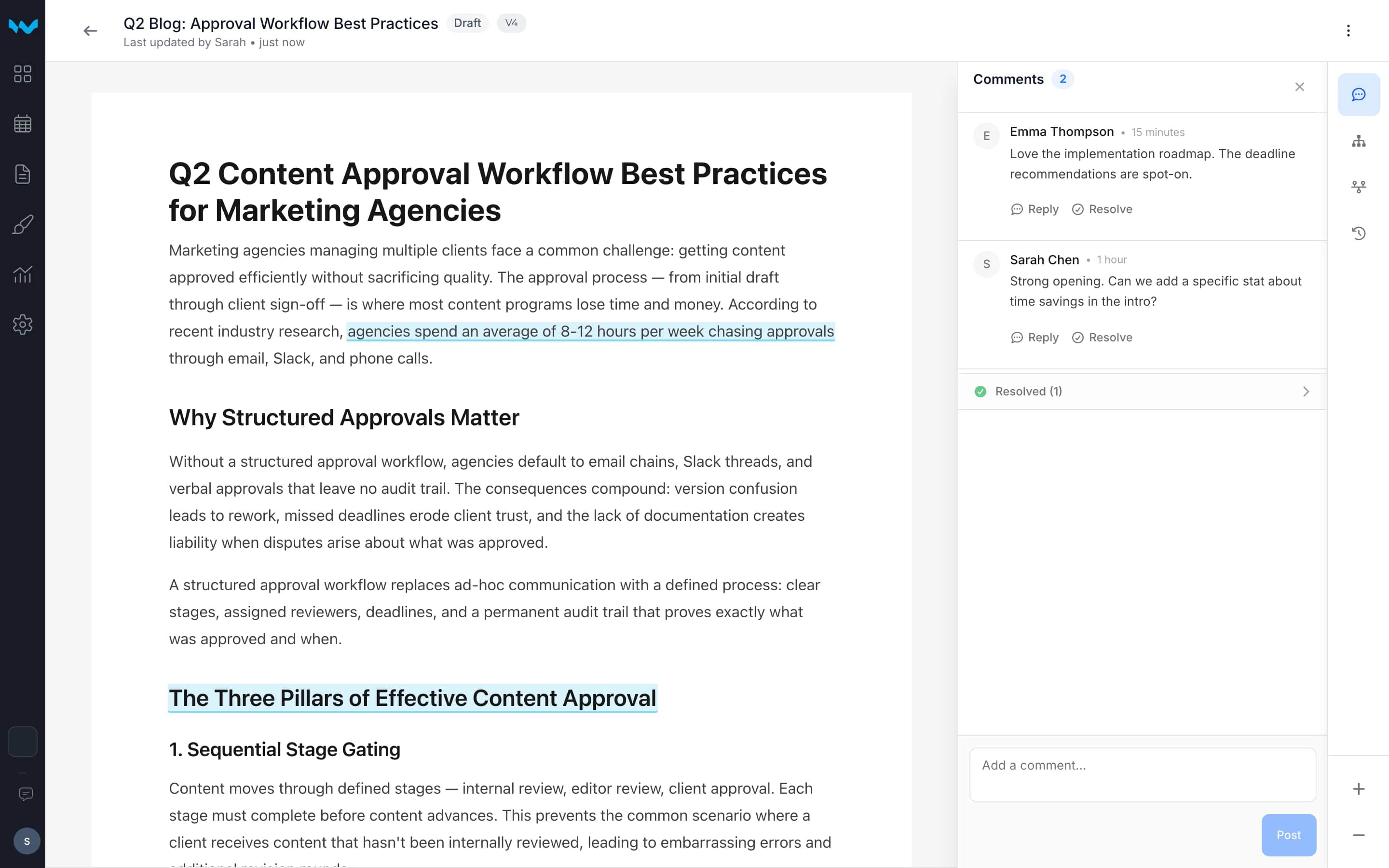 Writerflow document viewer with an inline comment anchored to a specific sentence