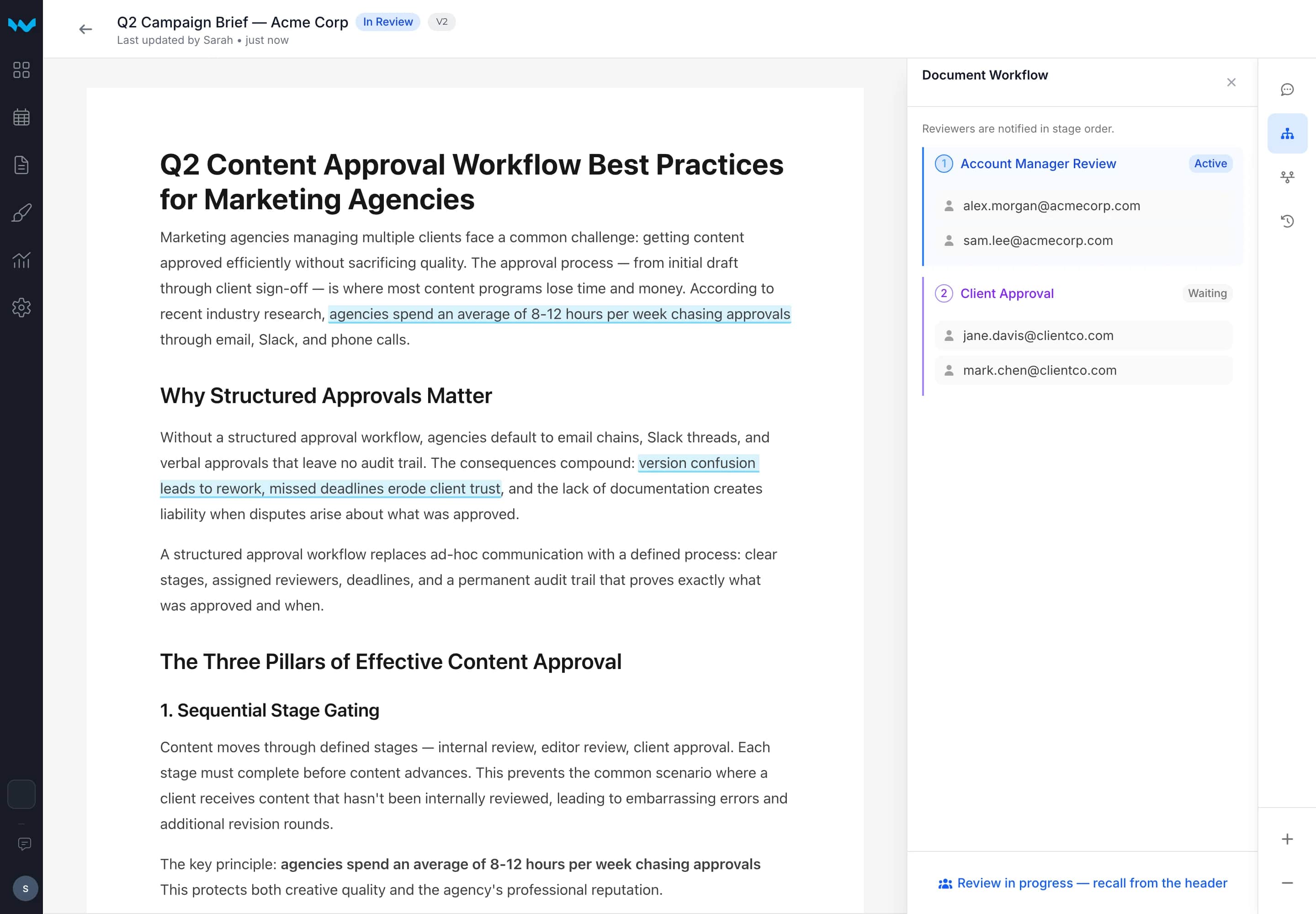 Writerflow document viewer showing a client review request, the version under review, and an approval timestamp