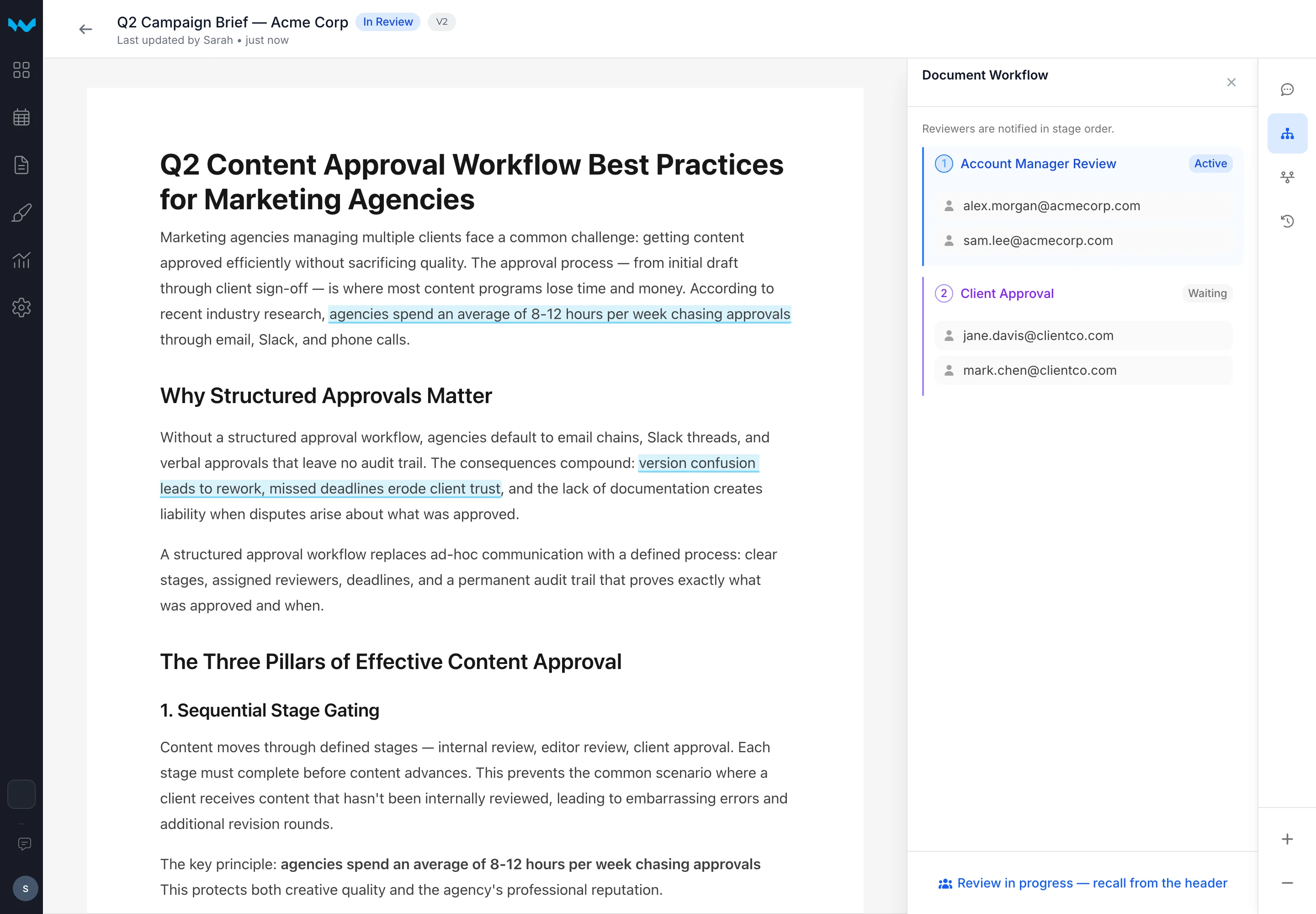 Writerflow document viewer showing reviewers in sequence and the version under review